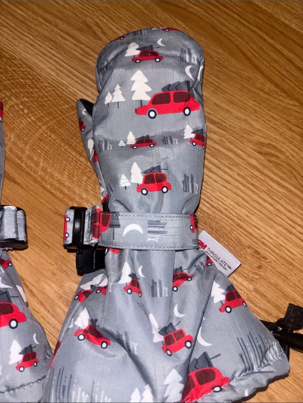 Kids Grey Mittens with Red Car Print - Cozy Winter Gloves - youth L